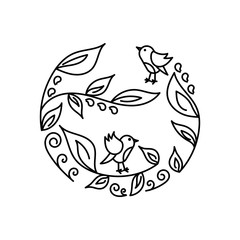 Little birds on the branches. Outline. Vector