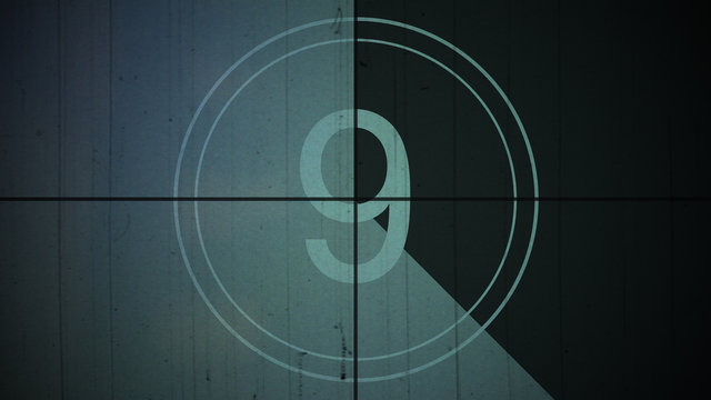 Film Vintage countdown number 9. Movie film strip with countdown number on grunge background. 2D animation old vintage film countdown retro down counter for movie start or presentation.