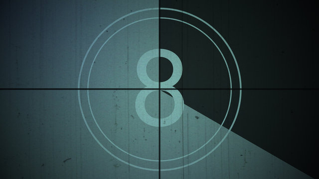 Film Vintage countdown number 8. Movie film strip with countdown number on grunge background. 2D animation old vintage film countdown retro down counter for movie start or presentation. - Powered by Adobe