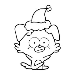 nervous dog line drawing of a wearing santa hat