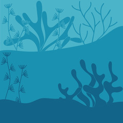 Fototapeta na wymiar Underwater, the contours of plants and silhouettes of plants. Background, scenery. Vector hand drawn illustration on blue background