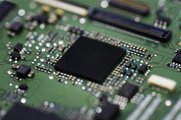 Close-up on processor on electronic circuit board