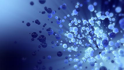 Blue abstract 3d rendering of chaotic spheres and ball. Flying particles in empty space. Dynamic shape. Futuristic background with bokeh, depth of field effect.