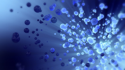 Blue abstract 3d rendering of chaotic spheres and ball. Flying particles in empty space. Dynamic shape. Futuristic background with bokeh, depth of field effect.