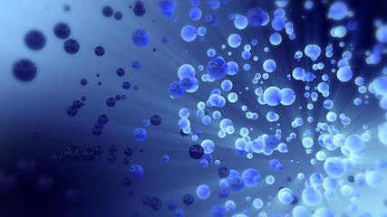 Blue abstract 3d rendering of chaotic spheres and ball. Flying particles in empty space. Dynamic shape. Futuristic background with bokeh, depth of field effect.