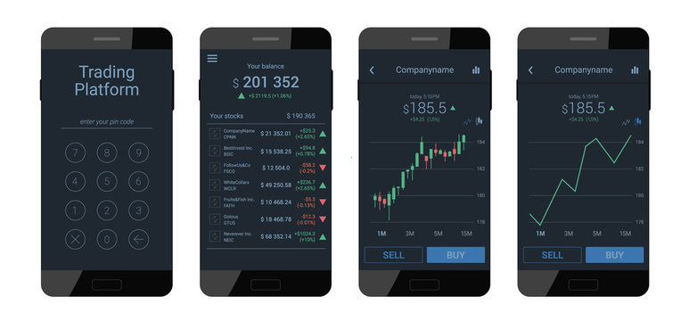 Trading mobile interface for stock exchange. Different screens. Modern violet design. Vector illustration