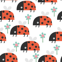 Seamless pattern with funny ladybug and flower. Kids textile print. Vector hand drawn illustration.