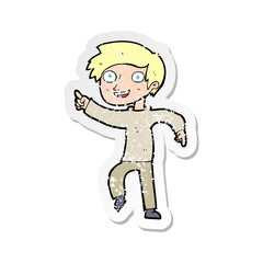 retro distressed sticker of a cartoon happy boy pointing
