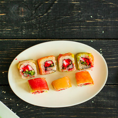 sushi rolls Fresh and delicious (portion of sushi) - Sushi menu. Japanese food. food background