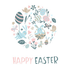 Funny Happy Easter eggs hunt greeting card cartoon style design.