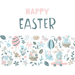 Funny Happy Easter eggs hunt greeting card cartoon style design.