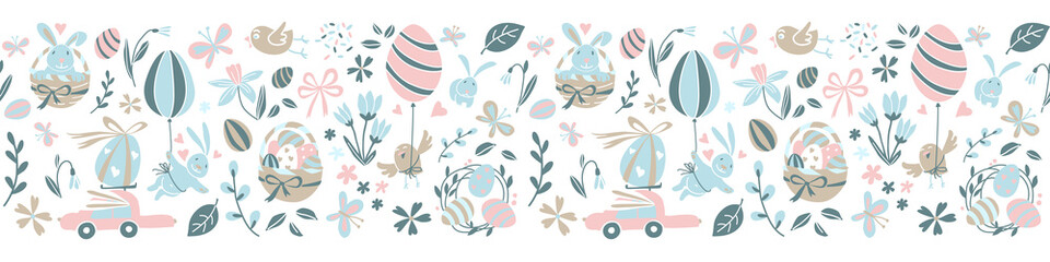 Fototapeta na wymiar Funny Happy Easter eggs hunt seamless pattern frame border background