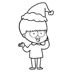 happy line drawing of a boy wearing santa hat