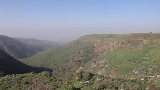 Footage over Gamla in Israel. Ancient jewish city in the Golan heights