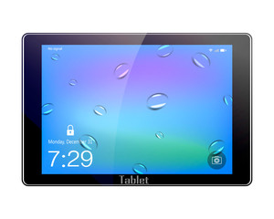 Realistic black tablet with glare and drops on abstract background, on lock 