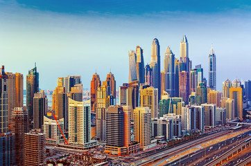 Amazing rooftop view on Dubai Marina skyscrapers and Sheikh Zayed road, Dubai, United Arab Emirates