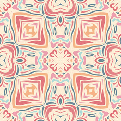 Modern fabric, textiles. Ethnic seamless pattern in oriental style. Detail for design wallpaper, tile, packaging, background. Flower weave, fishnet lines. Handmade mosaic.