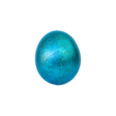 turquoise (blue) painted egg isolated on white background; shiny, marbled, oval-shaped object; easter day