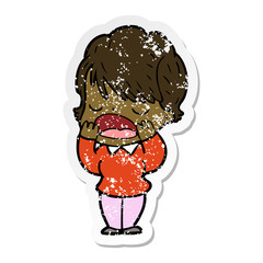 distressed sticker of a cartoon woman talking