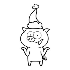 line drawing of a pig with no worries wearing santa hat