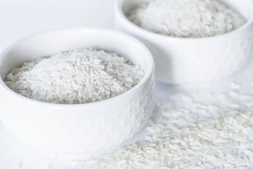 rice cereal white bowls closeup.