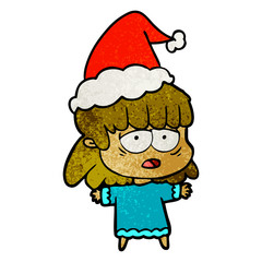 textured cartoon of a tired woman wearing santa hat