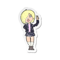 retro distressed sticker of a cartoon cool girl giving peace sign