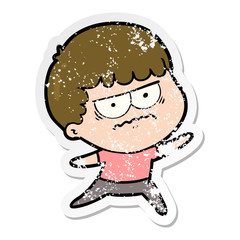 distressed sticker of a cartoon annoyed man