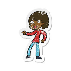 retro distressed sticker of a cartoon woman pointing