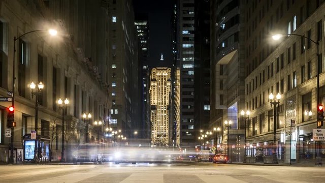 4K Time Lapse of a Busy Street in Chicago at Night (motion out)