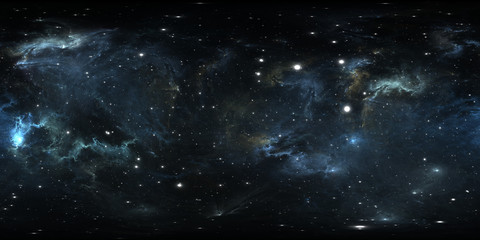 360 degree space nebula panorama, equirectangular projection, environment map. HDRI spherical panorama. Space background with nebula and stars