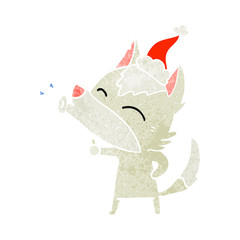 howling wolf retro cartoon of a wearing santa hat