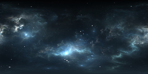 Naklejka na ściany i meble 360 degree space nebula panorama, equirectangular projection, environment map. HDRI spherical panorama. Space background with nebula and stars