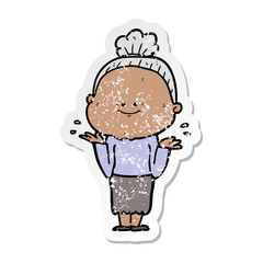 distressed sticker of a cartoon happy old woman