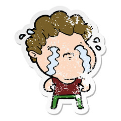 distressed sticker of a cartoon man crying