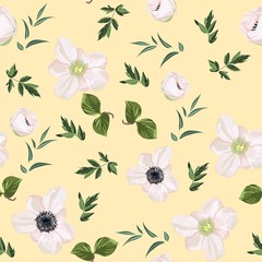 Meadow flowers, grass, garden herbs. Seamless herbal background on yellow background for fashion design. Watercolor style illustration.