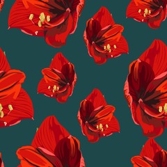 Tropical red lily flowers, vintage blue background. Floral seamless pattern. Tropical illustration.  Summer beach design. Paradise nature.