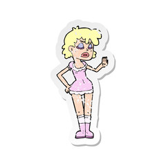 retro distressed sticker of a cartoon woman making dismissive gesture