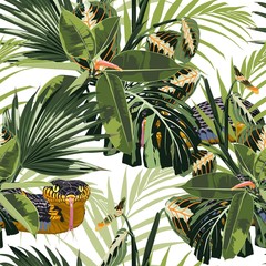 Tropical seamless pattern with bright green leaves and yellow snake on white background. Exotic tropical garden for fashion design.