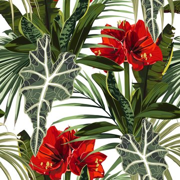 Tropical red lilies flowers seamless pattern with bright green leaves on white background. Exotic tropical garden for wedding invitations, greeting card and fashion design.