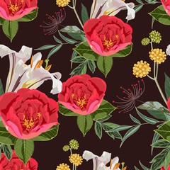 Seamless pattern with red peony lilies flowers and leaves on dark background. Floral pattern for wallpaper or fabric. 