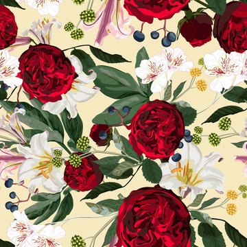 Seamless pattern with red peony, roses, lilies flowers and herbs on yellow background. Floral pattern for wallpaper or fabric. 