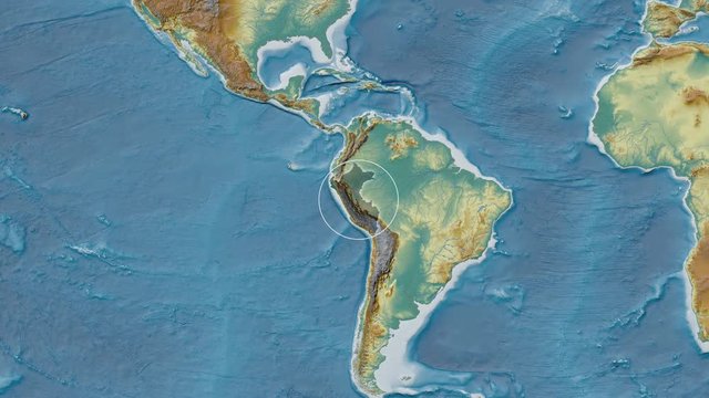 Peru area presented against the global relief map in the Patterson Cylindrical projection with animated oblique transformation