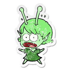 distressed sticker of a cartoon shocked alien girl