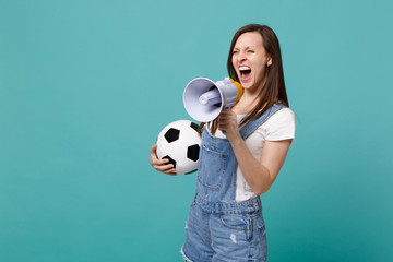 Wild woman football fan scream in megaphone, support favorite team with soccer ball isolated on...