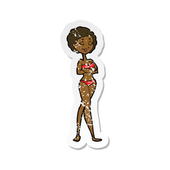retro distressed sticker of a cartoon retro woman in bikini