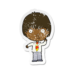 retro distressed sticker of a cartoon school boy answering question