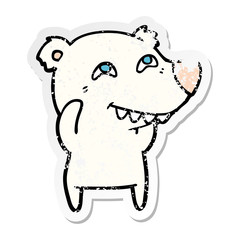 distressed sticker of a cartoon polar bear showing teeth