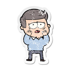 distressed sticker of a cartoon tired man