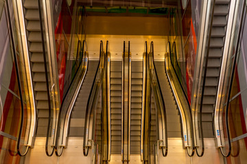 Netherlands, Rotterdam, multi level escalator maze in a shopping mall